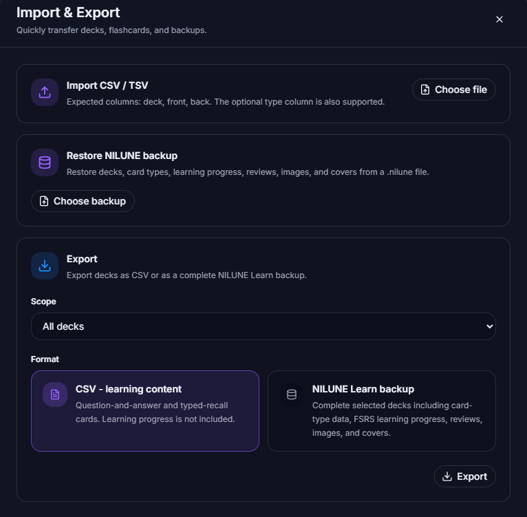 NILUNE Learn Import und Export